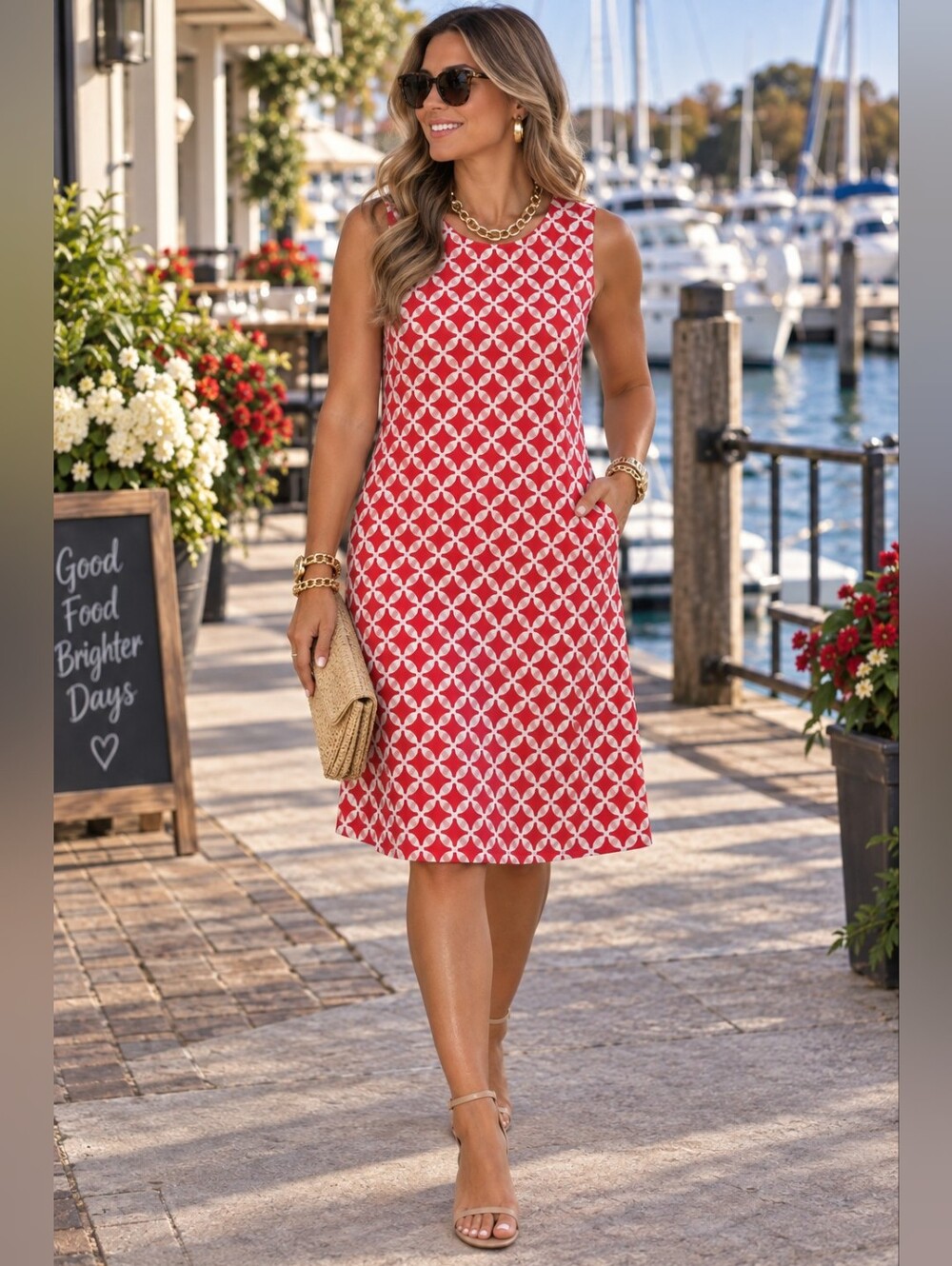 Jones New York Signature Collection Red Sleeveless Geometric A-Line Dress